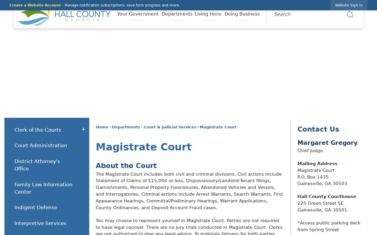 Hall County warrant records Magistrate Court application contact page