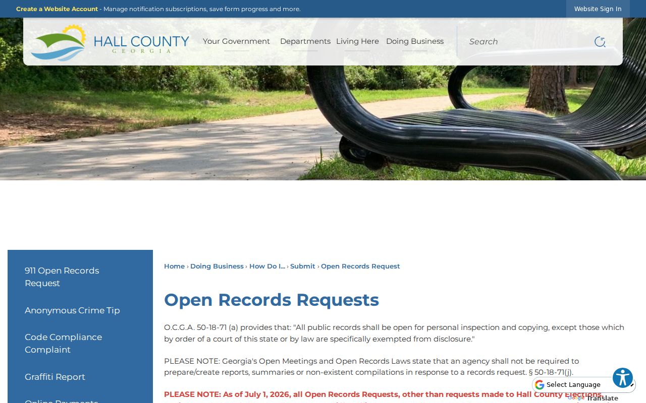 Hall County warrant records open records request routing page